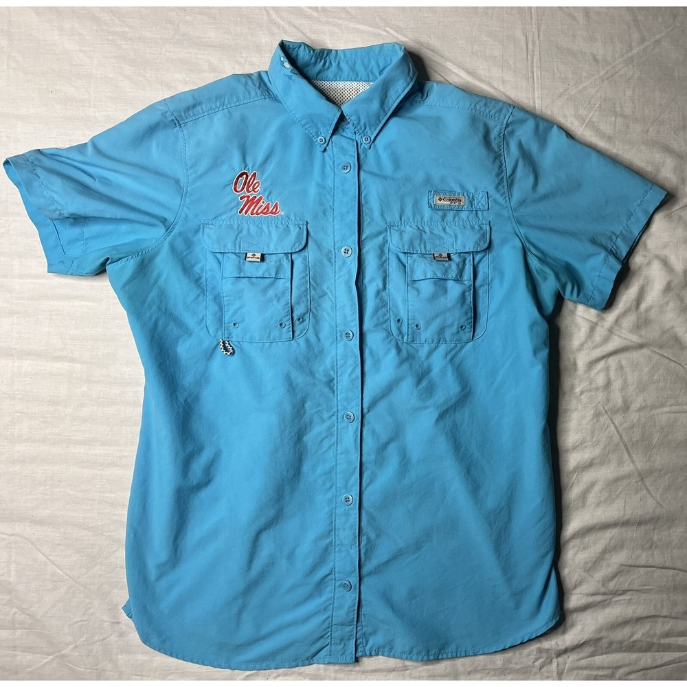 Columbia PFG Shirt Women's Blue Ole Miss Rebels Shirt Sleeve Button Up READ